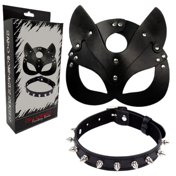 COLLARÍN CON PÚAS DE CUERO Y MASCARA DE GATUBELA EN SEXSHOP OFERTAS